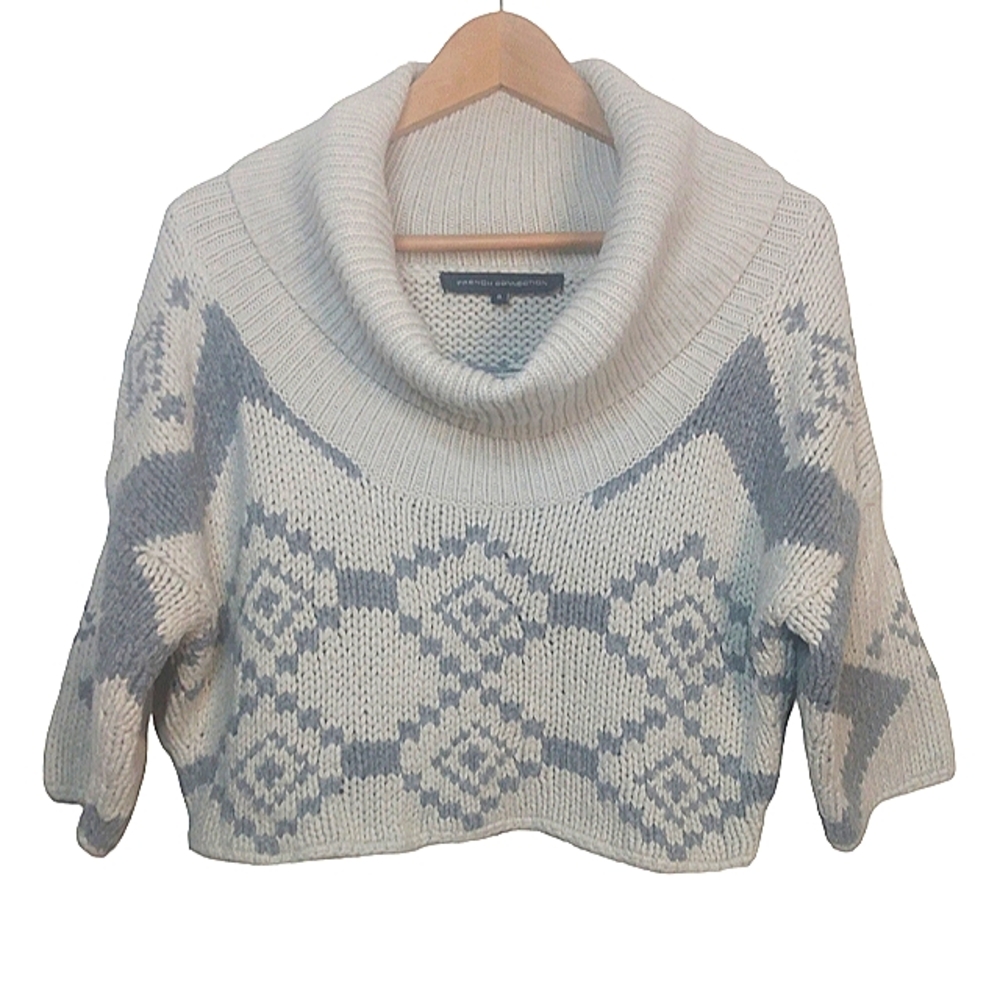 French Connection Cropped Sweater Chunky Knit Cowl Neck Aztec Boho Cream Size S